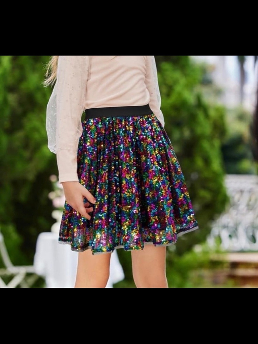Grace Karin Multicolor Sequin Circle Skirt with Black Waistband